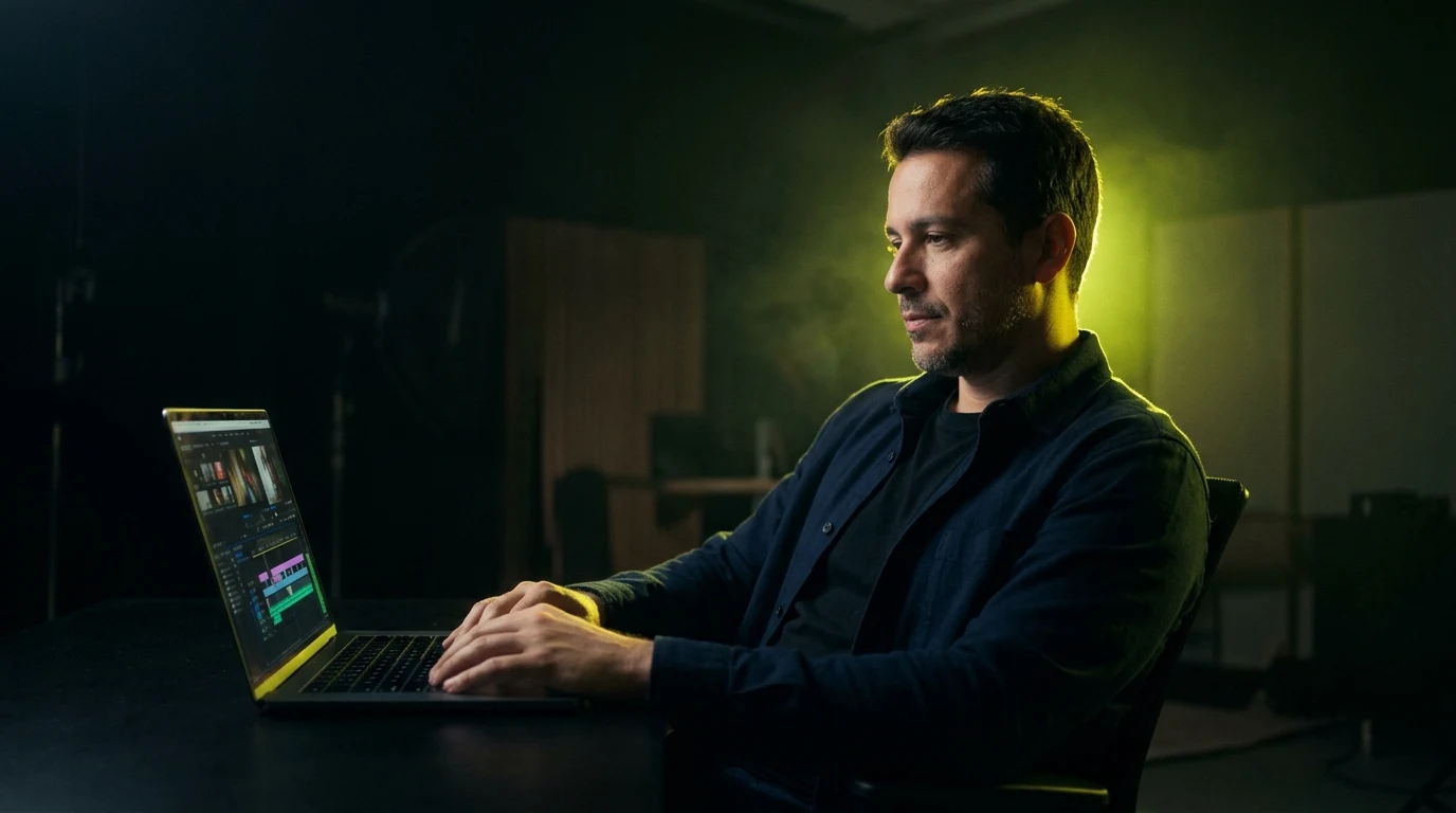 Empresário acompanhando a edição de um vídeo no notebook
